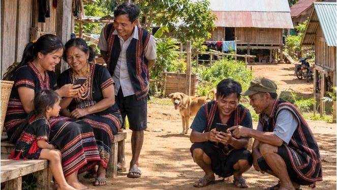 Bà con Ba Na chung sức cùng người Viettel đưa sóng về làng