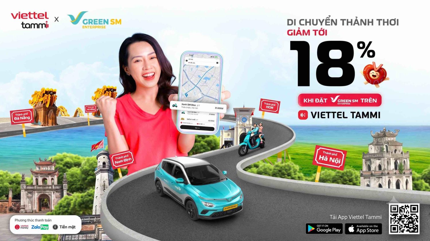 Đặt xe Green SM trên Viettel Tammi được giảm tới 50.000 đồng/chuyến