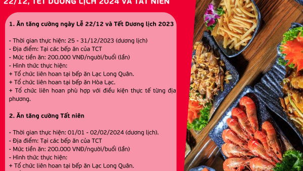 Thông báo tổ chức ăn tăng cường nhân dịp lễ 22/12, tết Dương lịch 2024 và tất niên