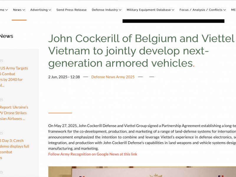 Viettel High Tech - John Cockerill Defense: Hợp tác thu hút sự chú ý của Army Recognition.