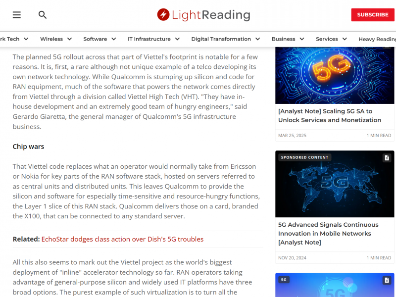 5G Viettel lên trang chủ Light Reading: Khẳng định vị thế trong hệ sinh thái 5G toàn cầu