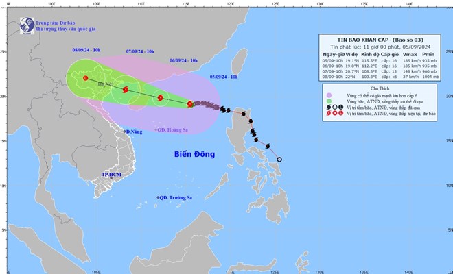 Bão số 3 dự báo sáng 7/9/2024 sẽ đổ bộ vào đất liền